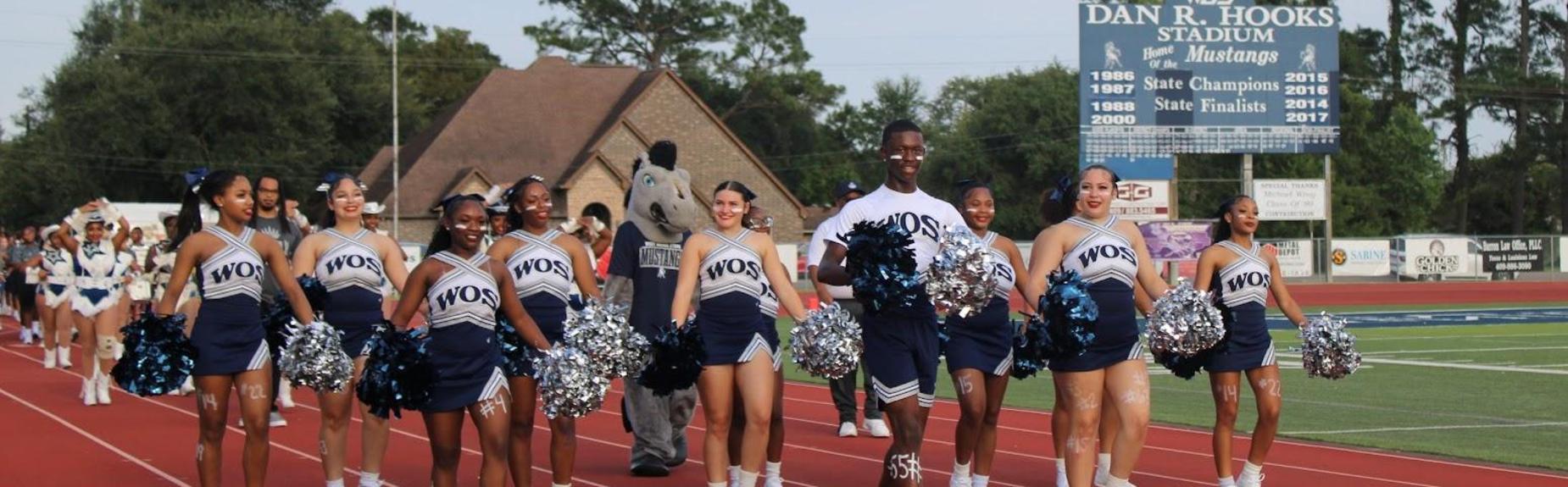 Cheerleaders and a mascot in uniforms performing on the football field track.