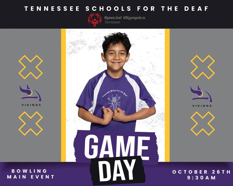 Boy in purple Vikings shirt smiling, promoting Game Day for Special Olympics.