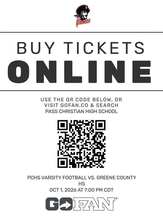 The Pass Christian High School Varsity football game has been changed to Thursday night (10/1)  with a 7:00 kickoff due to weather concerns on Friday.