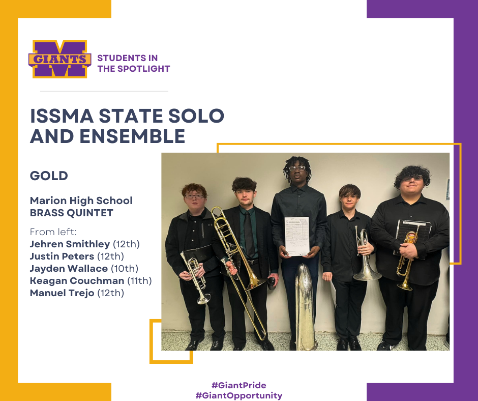 promo graphic - ISSMA State Solo & Ensemble 2026 - MHS brass quintet