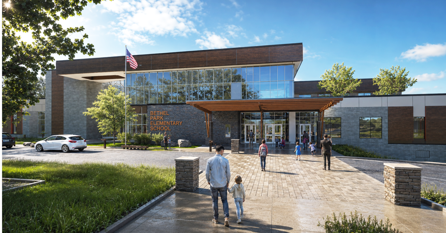 A modern school building with families walking towards the entrance.