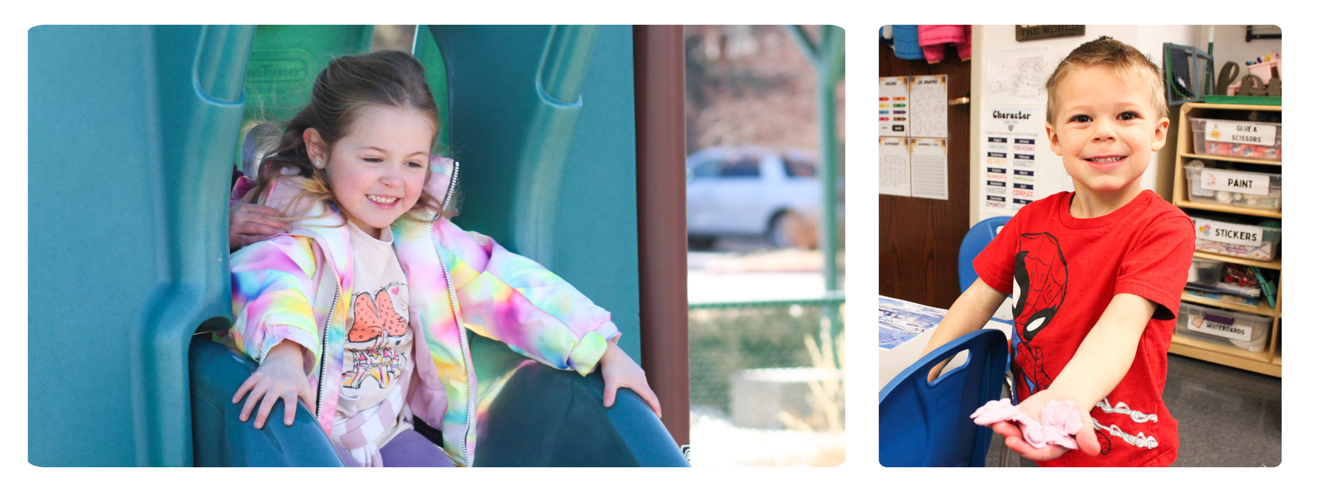 PCK preschool students on the slide and working with Play-Doh