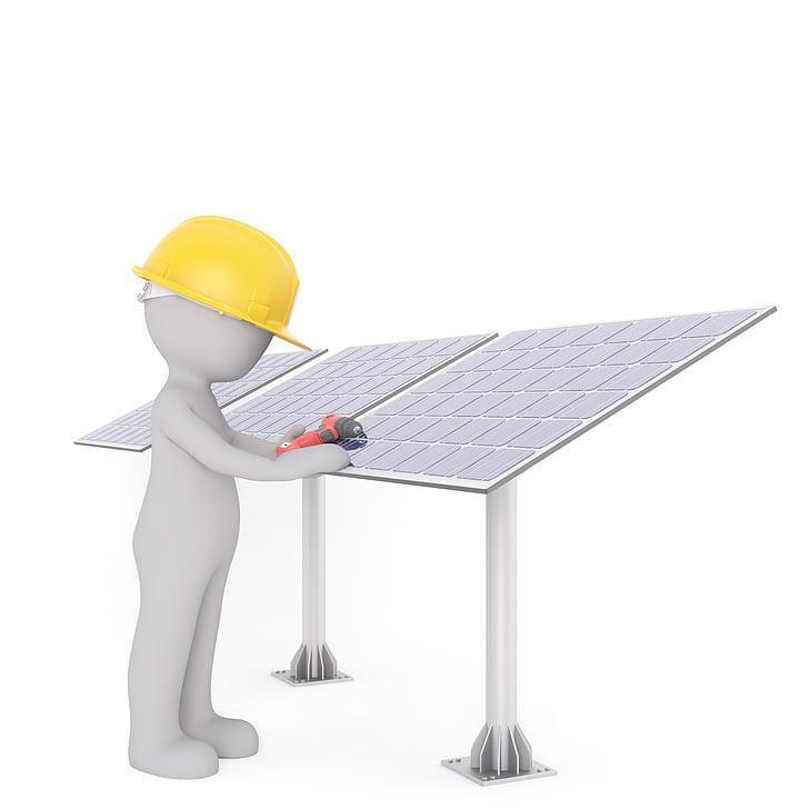 3D character with a hard hat working on solar panels.