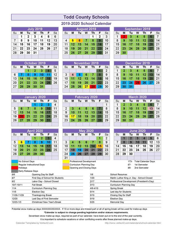 2019-20 Todd County School District School Calendar Featured Photo