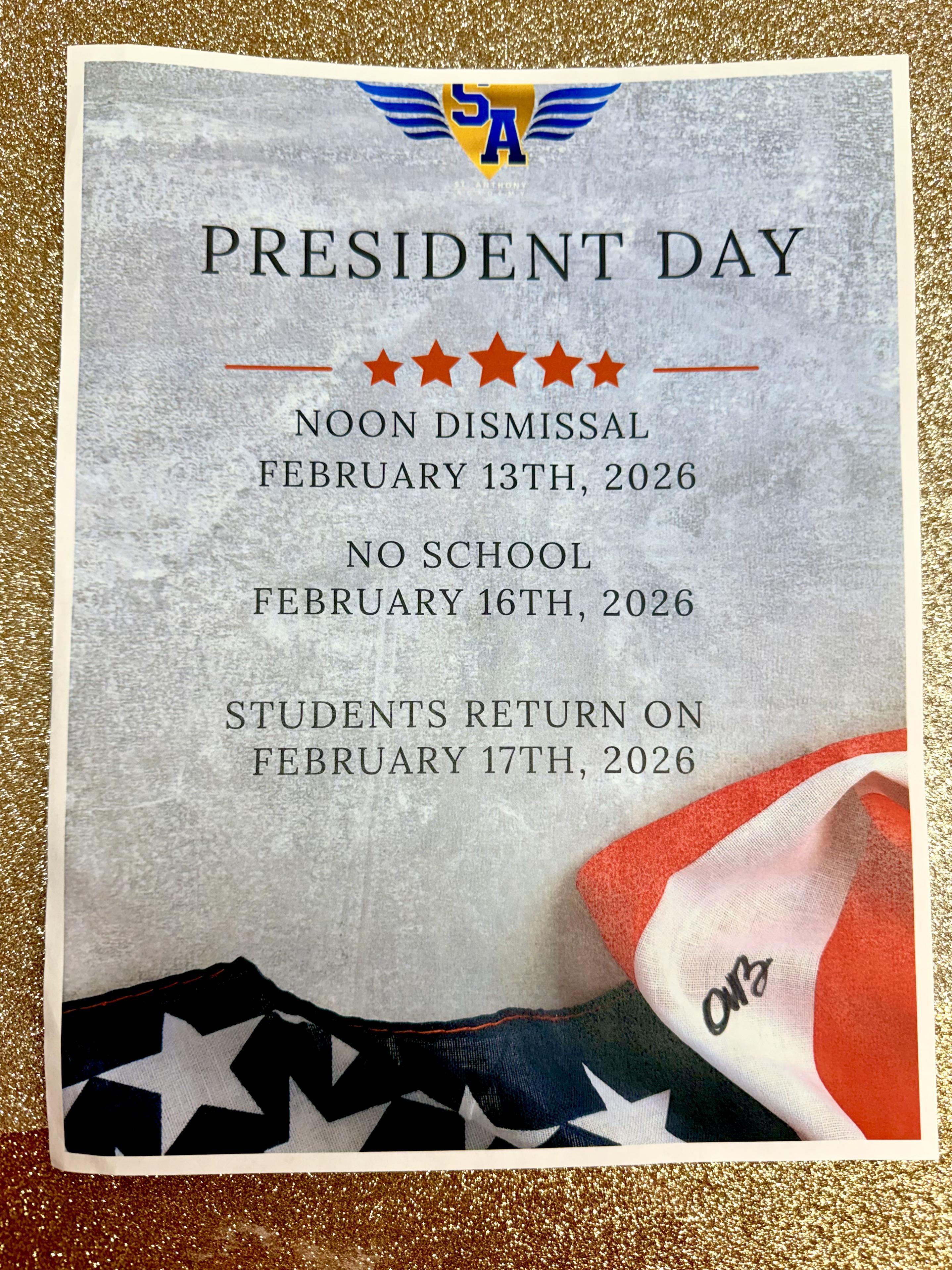 Noon Dismissal February 13th & Presidents Day No School February 16th Featured Photo