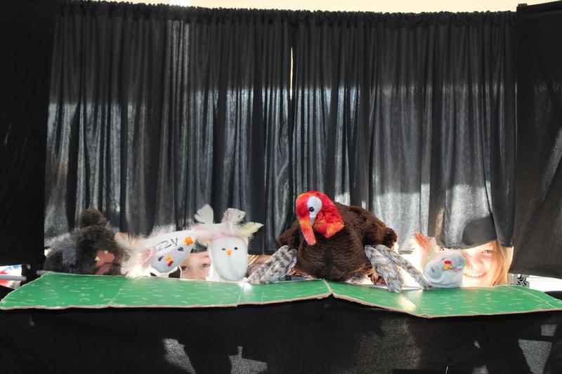 puppets peeking through a curtain