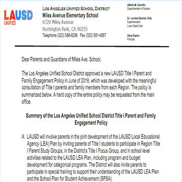 Summary of Parent and Family Engagement Policy (English/Spanish)