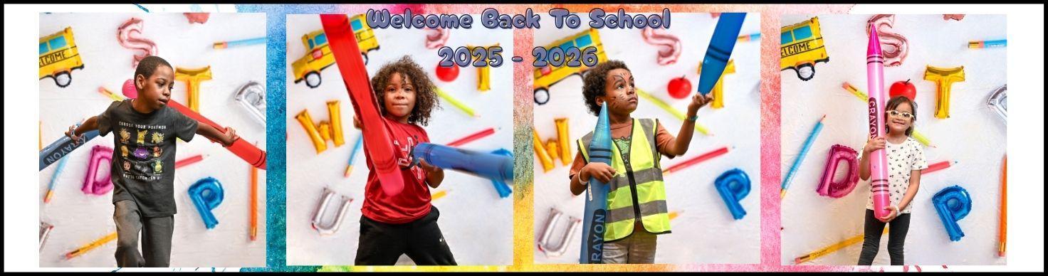 Four children holding colorful school supplies against a vibrant background with school-themed elements.