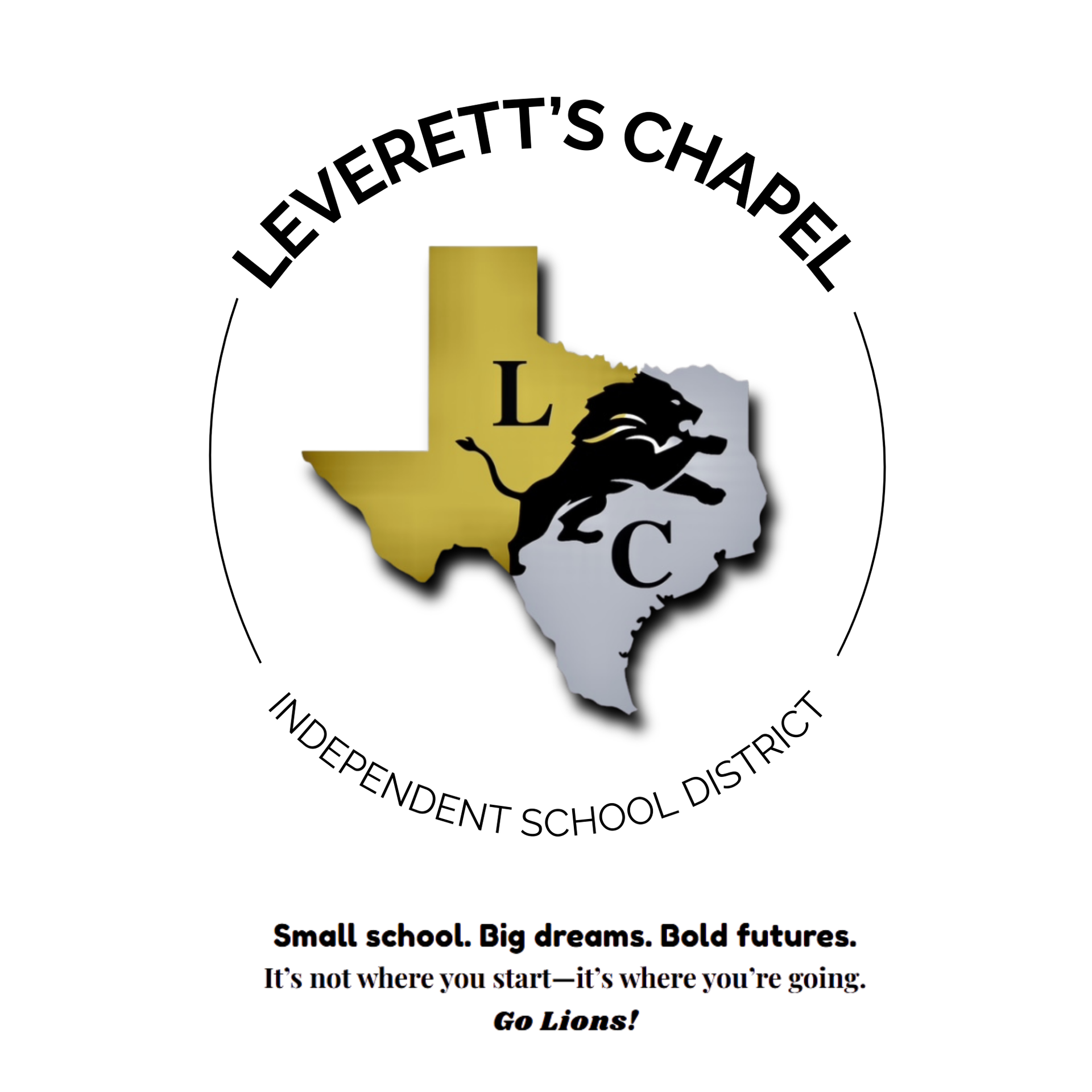 Logo of Leverett's Chapel Independent School District featuring Texas and a lion.