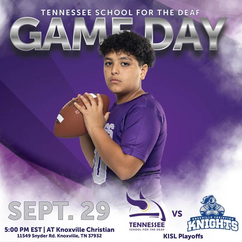 Young athlete in purple jersey holding a football for a game day event.
