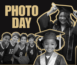 Grayscale boys basketball team and two girls dressed in school graduation attire