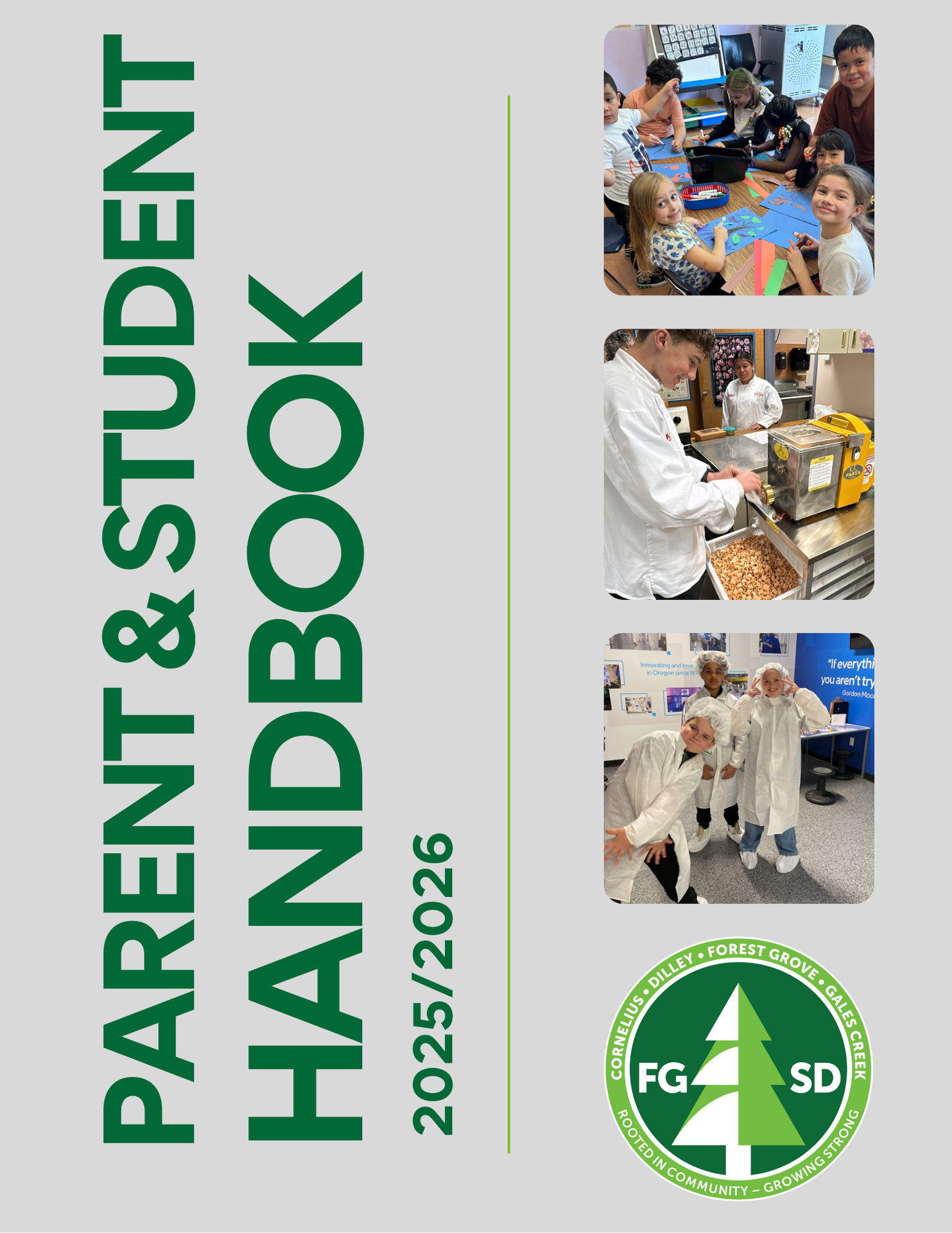 Parent & Student Handbook cover with three photos of students and FGSD logo