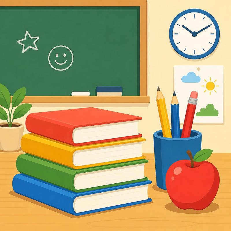 Colorful stacked books with an apple, pencils, and a chalkboard in a classroom.