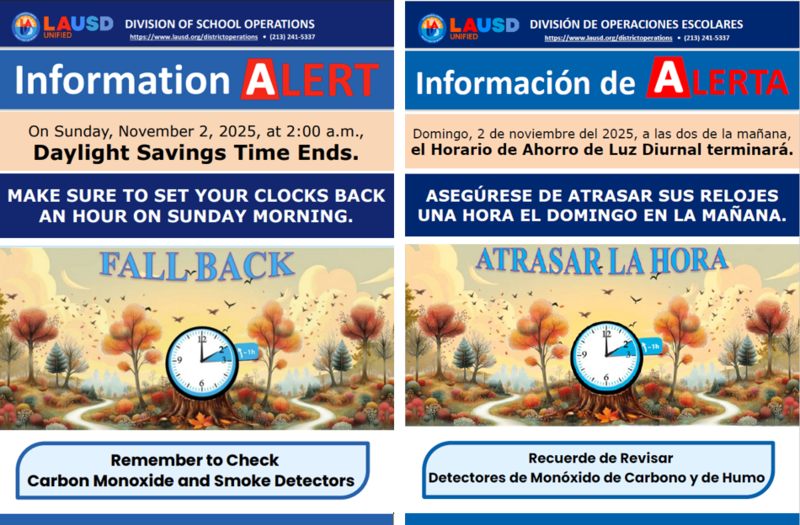 Two LAUSD District Flyers about DST - one is in English, the other is in Spanish.