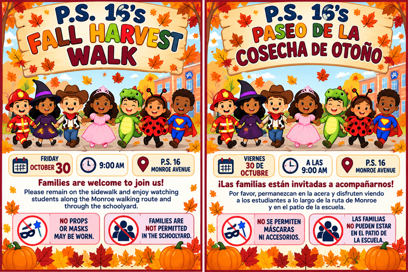 Spanish and English information about families visiting for the fall harvest walk