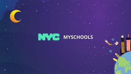 Colorful graphic featuring NYC MySchools text with stars, a crescent moon, and a globe.