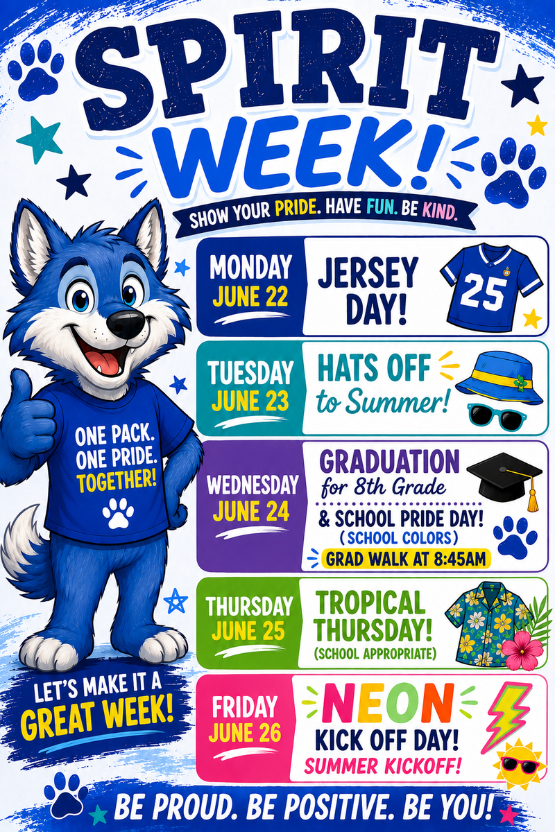Spirit Week Flyer Featuring a Blue Cartoon Wolf