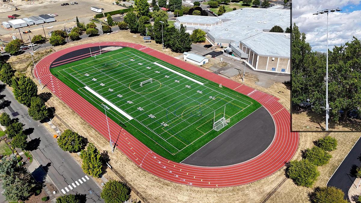 aerial view of NAMS turf field with lights