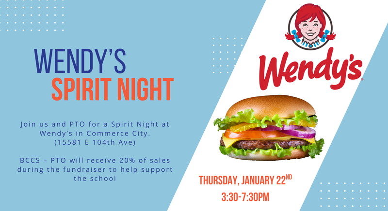 Wendy's Logo and a hamburger. Spirit Night details.