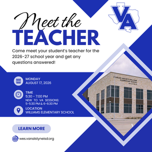 Flyer advertising Meet the Teacher Night on August 17 from 6:00pm to 7:00pm at Williams Elementary