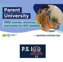 Promotion for Parent University with details for NYC families and a woman studying.