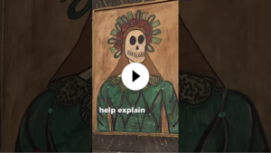 A portrait painting of a skeleton in a green dress, in a YouTube thumbnail.