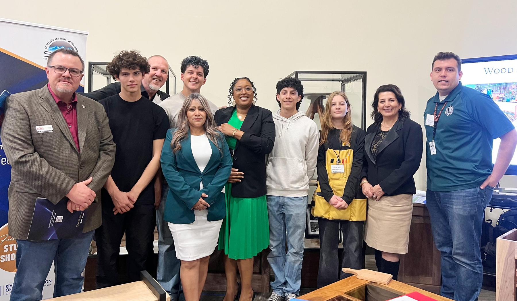 Board members and CTE Woodshop Students and Instructor