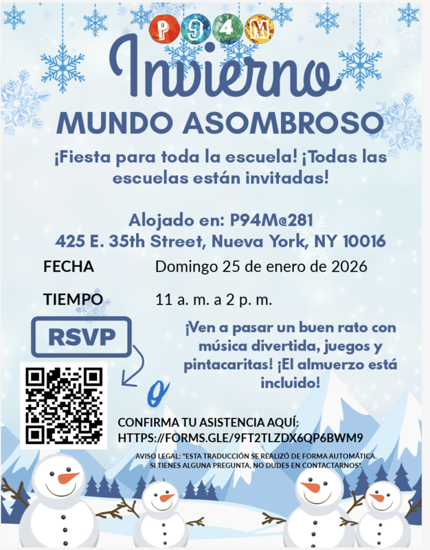 Spanish- Light blue background with snow man on bottom and snowflakes throughout