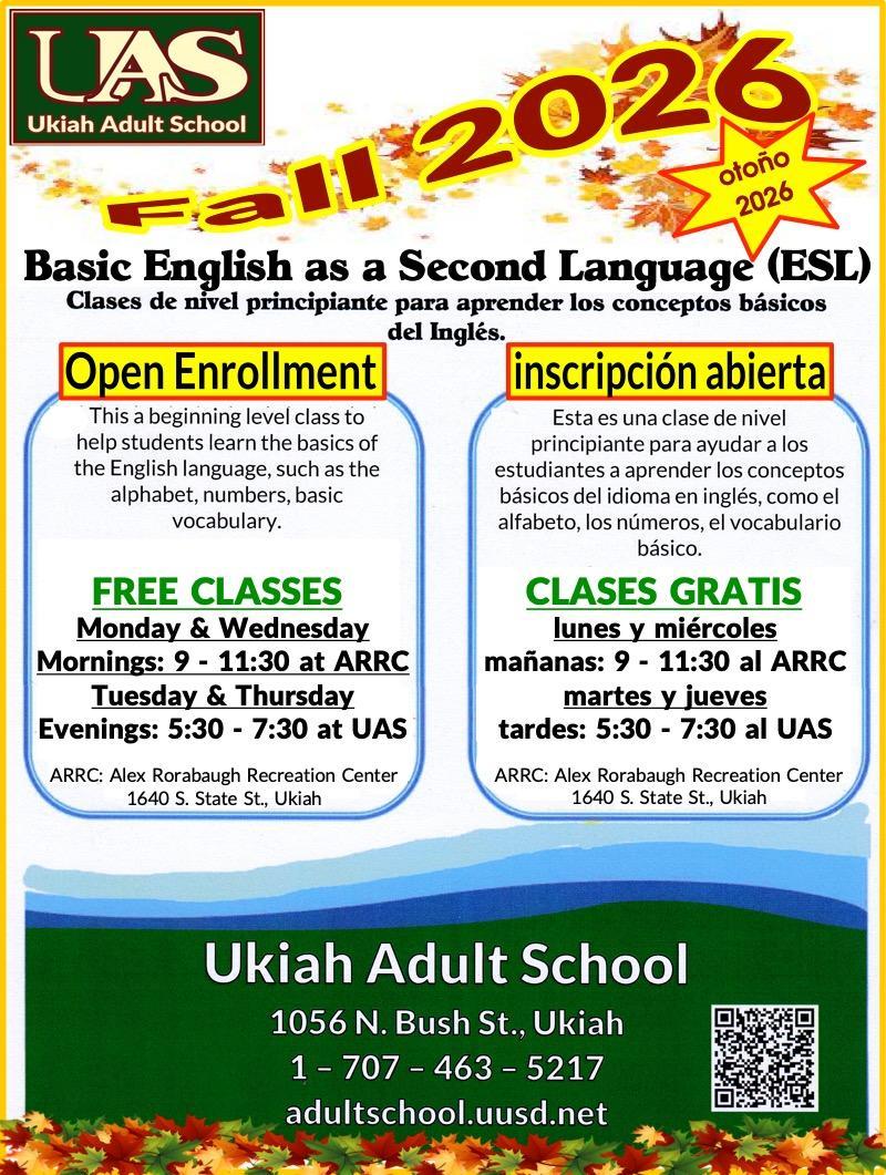 Fall 2026 ESL classes poster