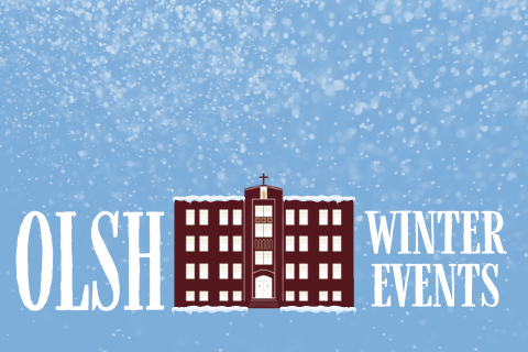 blue background with snowy sky and OLSH building graphic with text OLSH Winter Events
