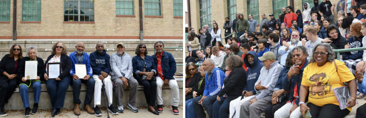 Texas School for the Deaf (TSD) celebrates Black History Month by honoring the history of its Black Deaf Alumni. In the left image, a group of alumni sits proudly on outdoor steps, some holding framed certificates and awards in recognition of their contributions. The right image captures a larger gathering, with alumni seated among a diverse crowd of students and community members who are attentively engaged. The celebration takes place outside a historic school building, emphasizing unity, history, and pride within the TSD community.