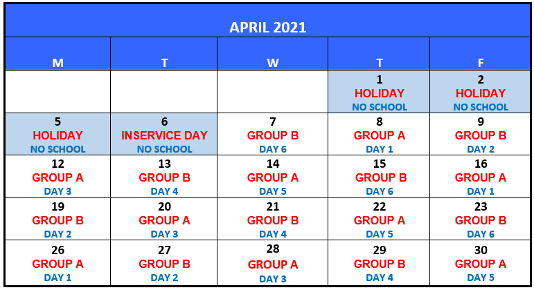 APRIL 2021 A / B CALENDAR