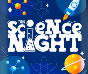 Science Night with iconic science symbols in the background