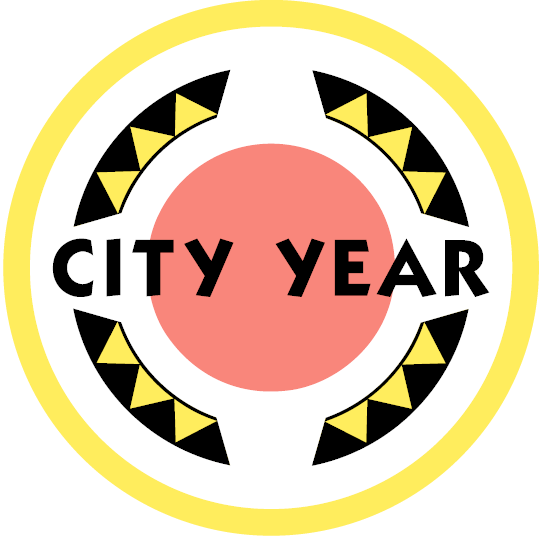 City year Logo, red circle inside a yellow circle border and yellow rectangles