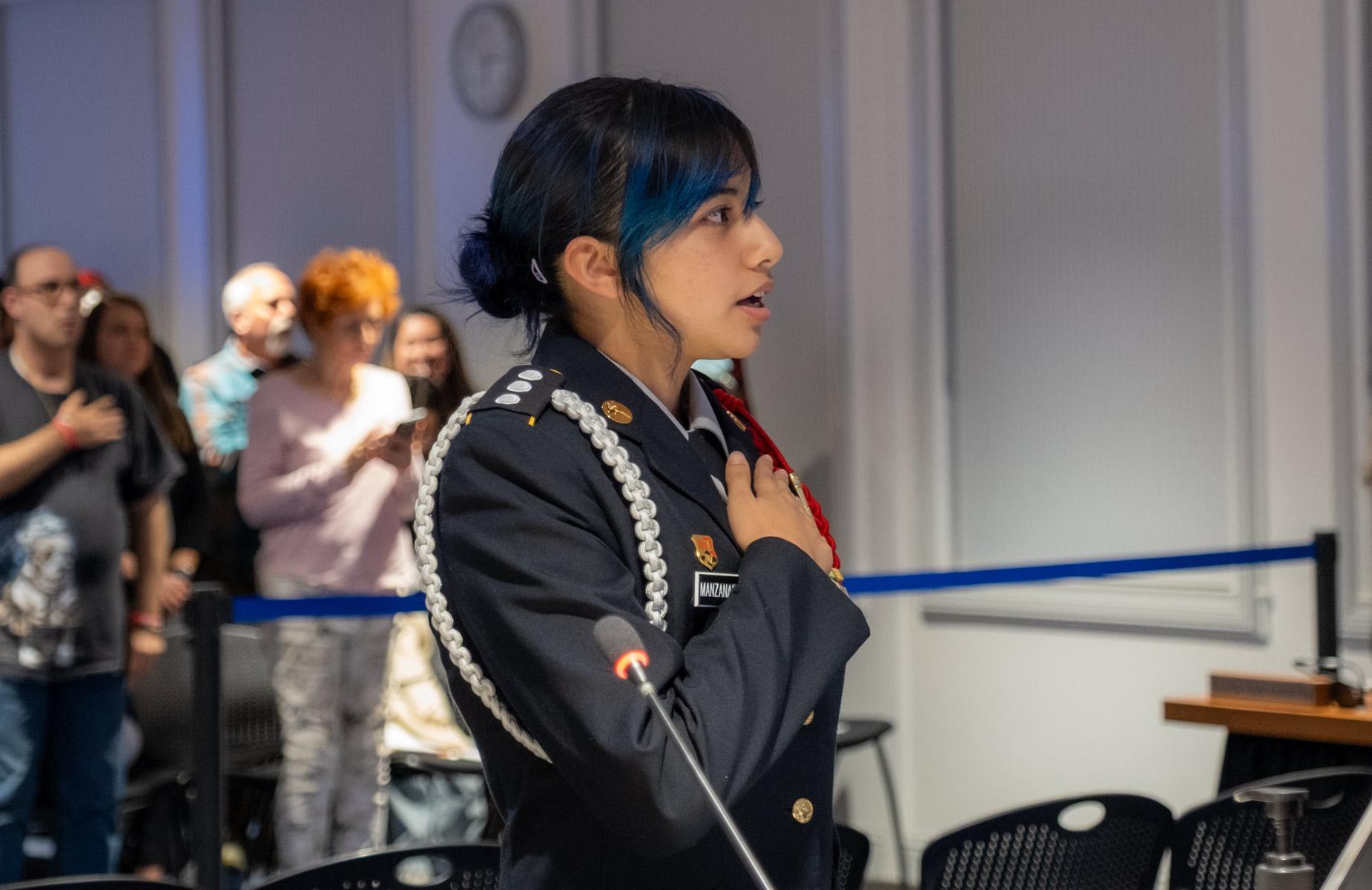 JROTC female Student leads the Pledge of allegiance