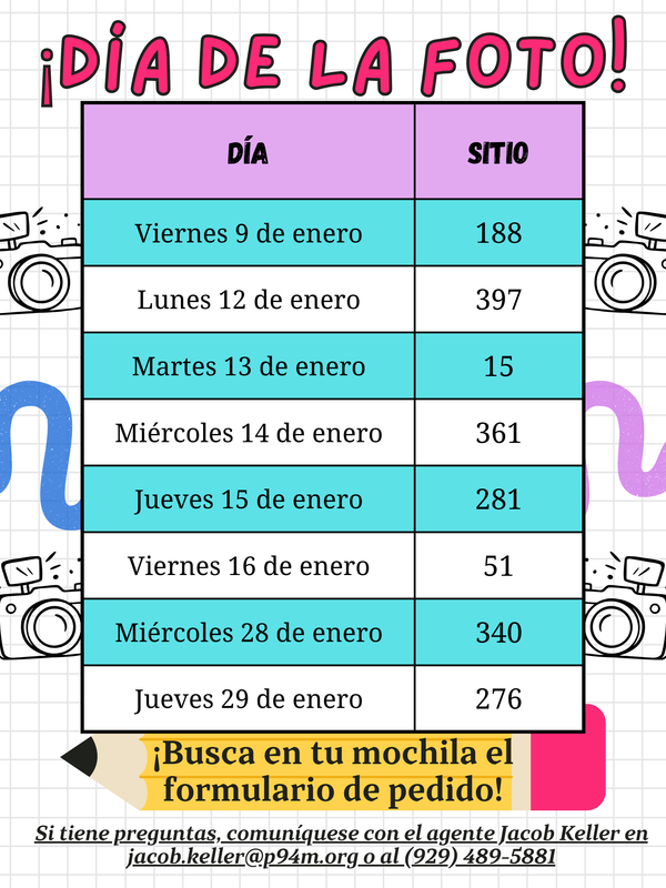 Spanish- Purple and teal picture day dates and table