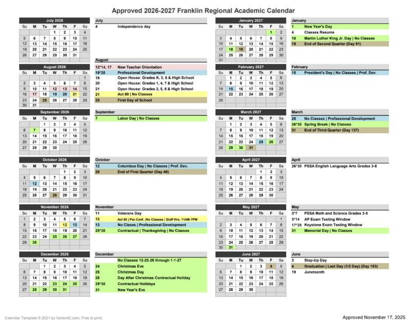 Approved 26–27 School Year Calendar for the Franklin Regional School District