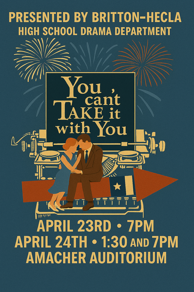 Colorful event poster for a high school drama performance with fireworks.