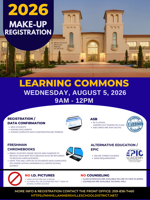 MHHS Make-up Registration - Wednesday. August 5, 2026