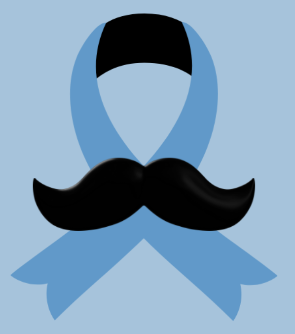 Light blue ribbon with a black mustache and a black hat on top.