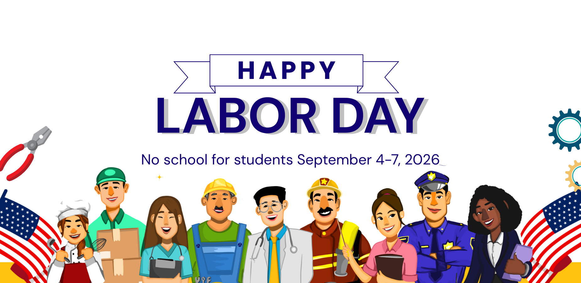 Colorful graphic celebrating Labor Day with diverse workers and text.