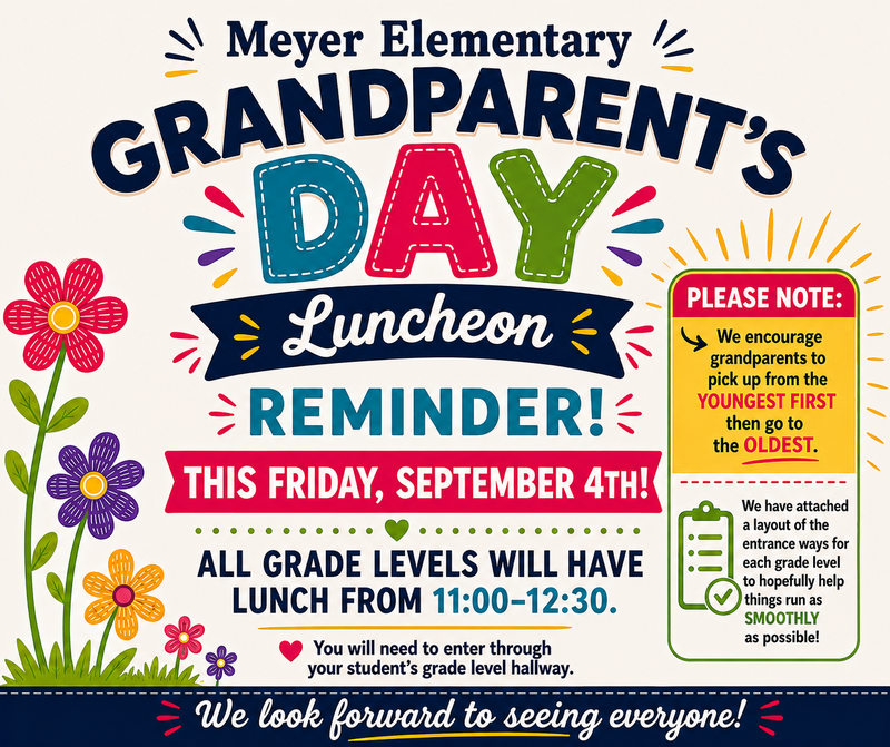 Colorful announcement for Grandparent's Day luncheon with flowers and event details.