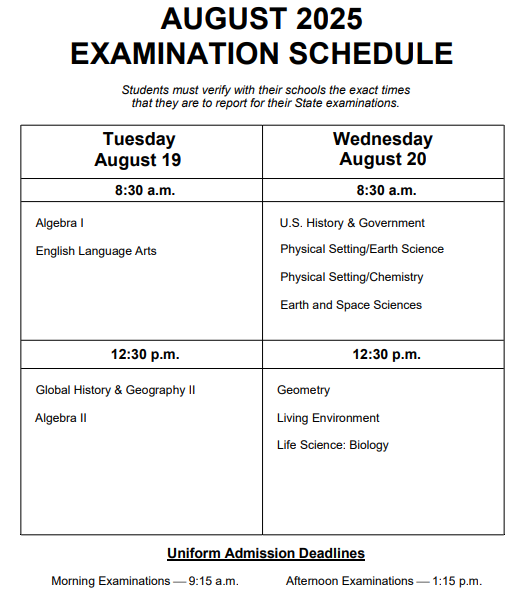 August 2025 Regents Exams schedule