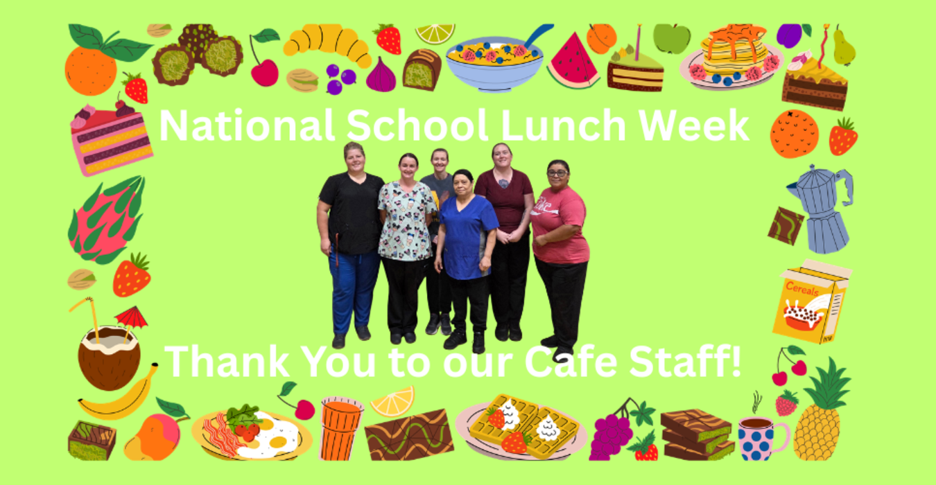 Five cafeteria staff members standing together surrounded by food illustrations.