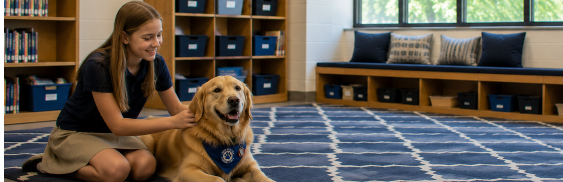Center School Student enjoying a therapy dog visit.