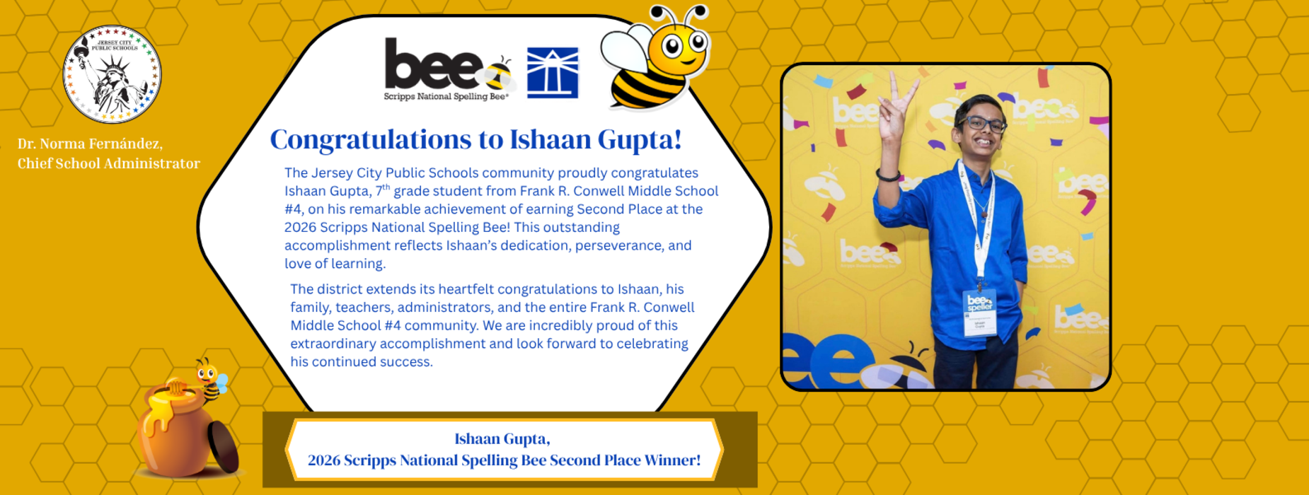 Award announcement for Ishaan Gupta with congratulatory text and a bee logo.