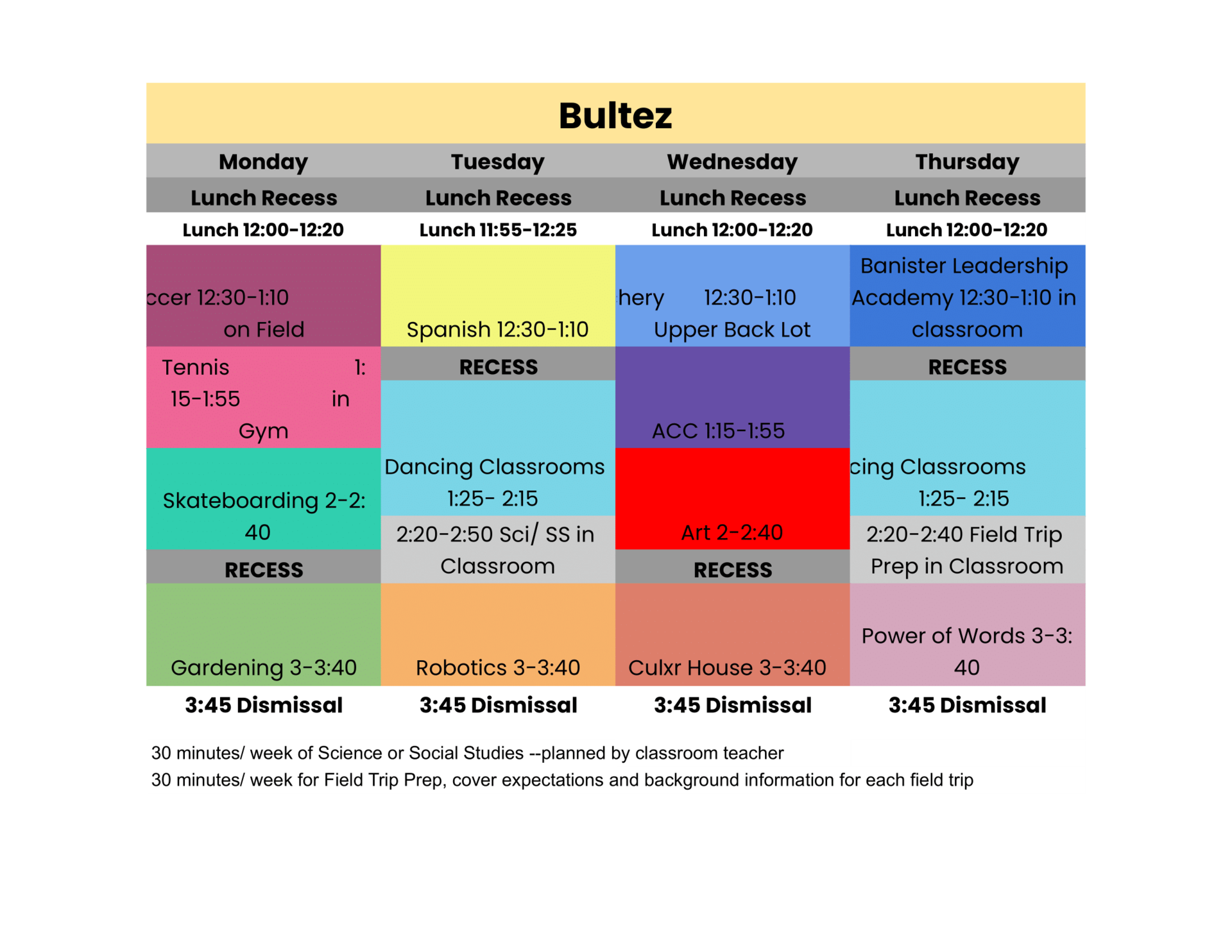 Graphic shows the summer schedule with different colors for each activity.