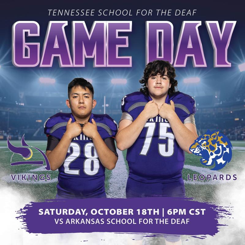 Two male football players posing on a flyer to announce their upcoming game.