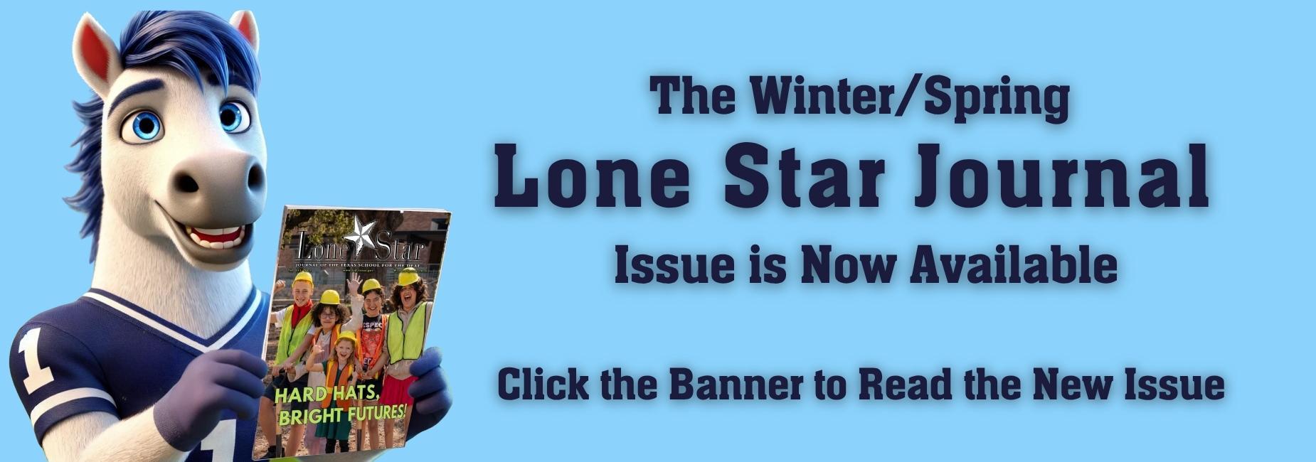 A cartoon horse mascot promoting the Lone Star Journal's new issue.