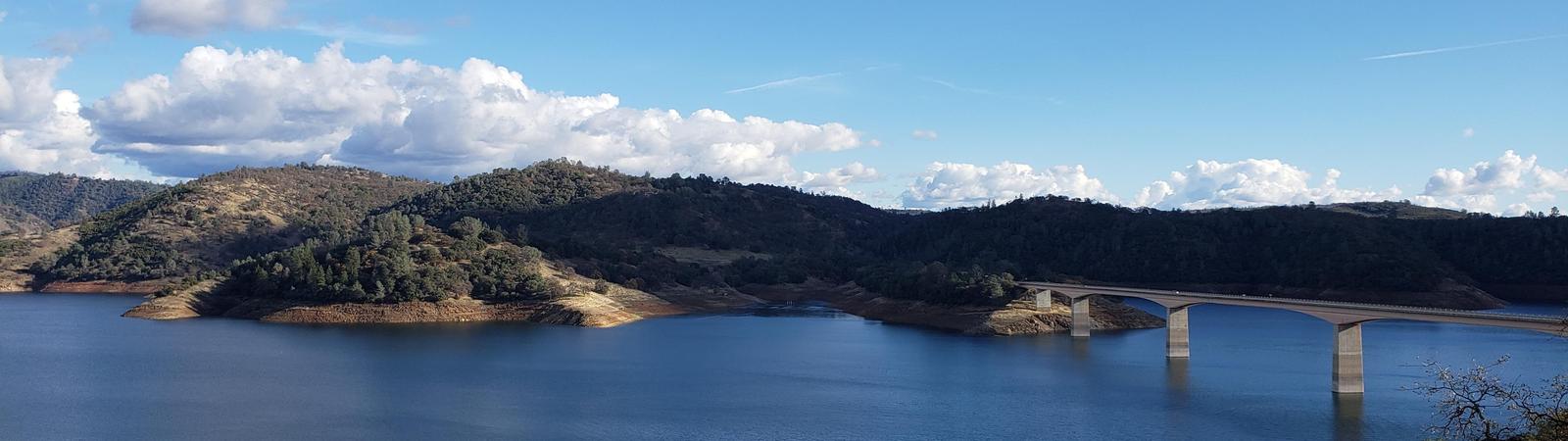 large lake with a bridge